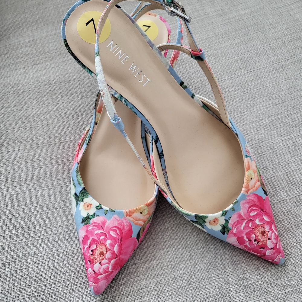 Nine West Floral Slingback Heels - Pink and Blue
